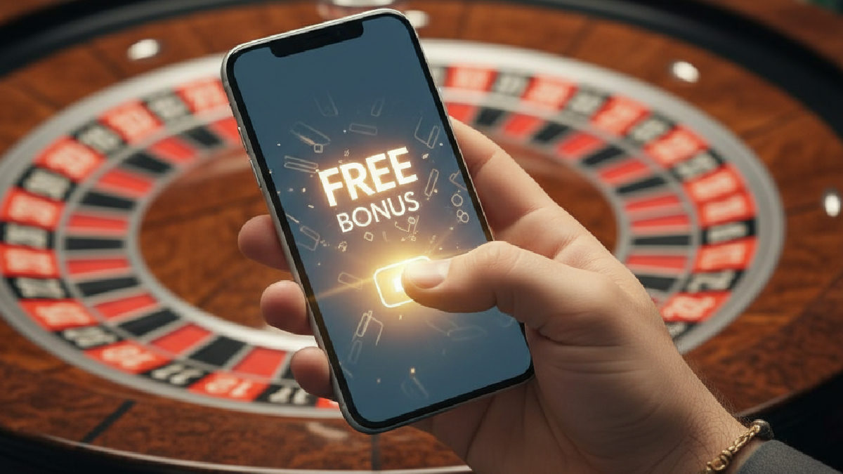 Bir kişinin elinde, üzerinde 'Deneme Bonusu' yazan bir mobil bahis ekranının yakın çekimi, arka planda hafifçe bulanık casino ışıkları.