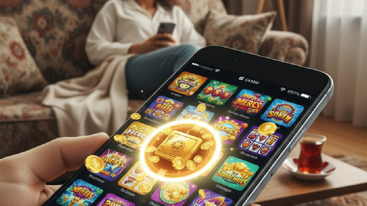 Bir akıllı telefon ekranında görünen mobil casino arayüzü ve vurgulanmış bonus slot ikonu.