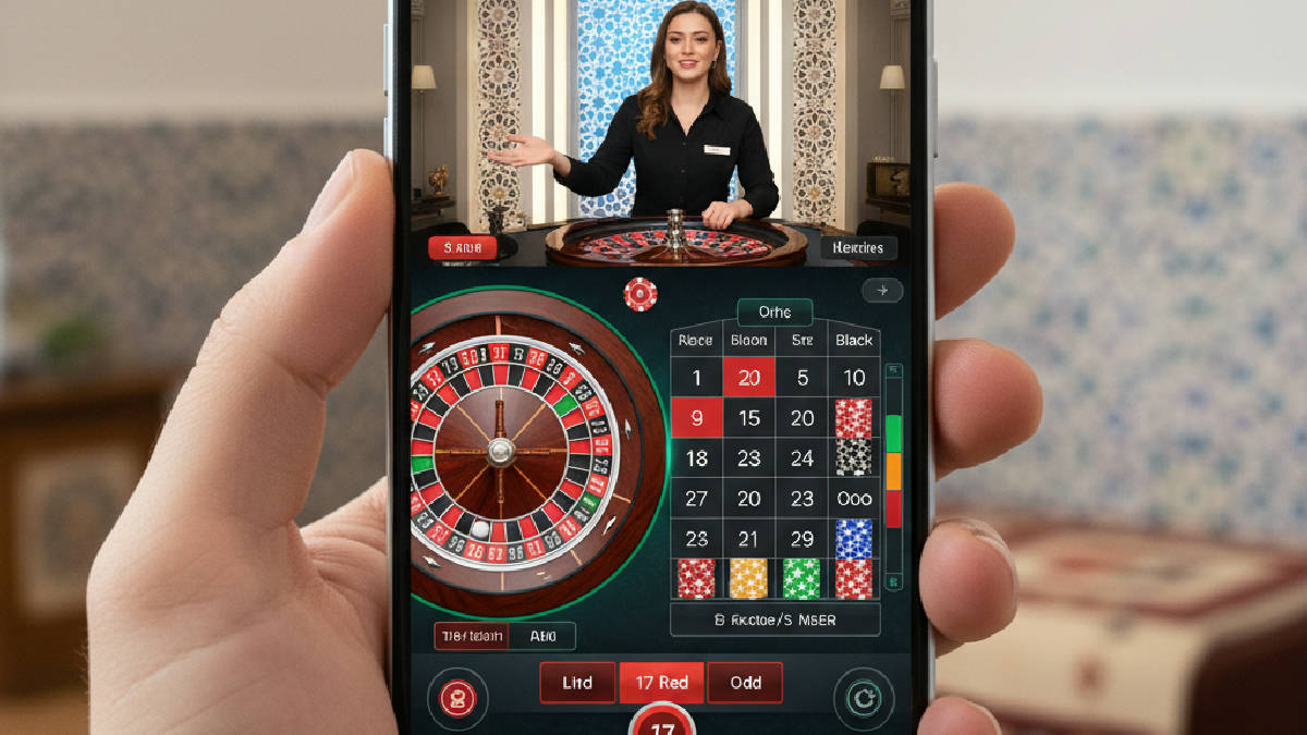 Bir akıllı telefon ekranında canlı rulet oyunu oynayan bir kişinin yakın çekim görüntüsü.