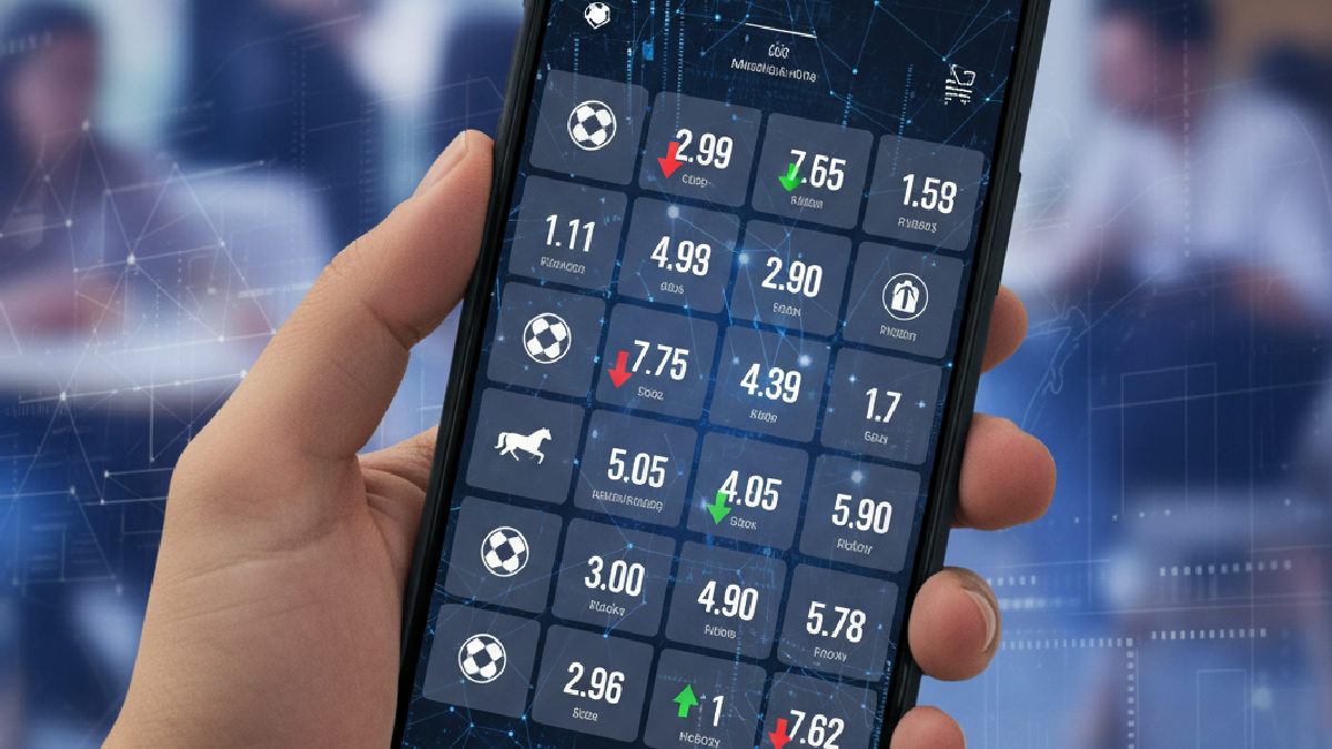 Akıllı telefon ekranında düşen oranları gösteren bir bahis uygulaması ve analizler.