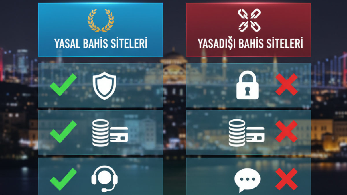 Yasal ve kaçak bahis siteleri arasındaki temel farkları net şekilde gösteren bir grafik.